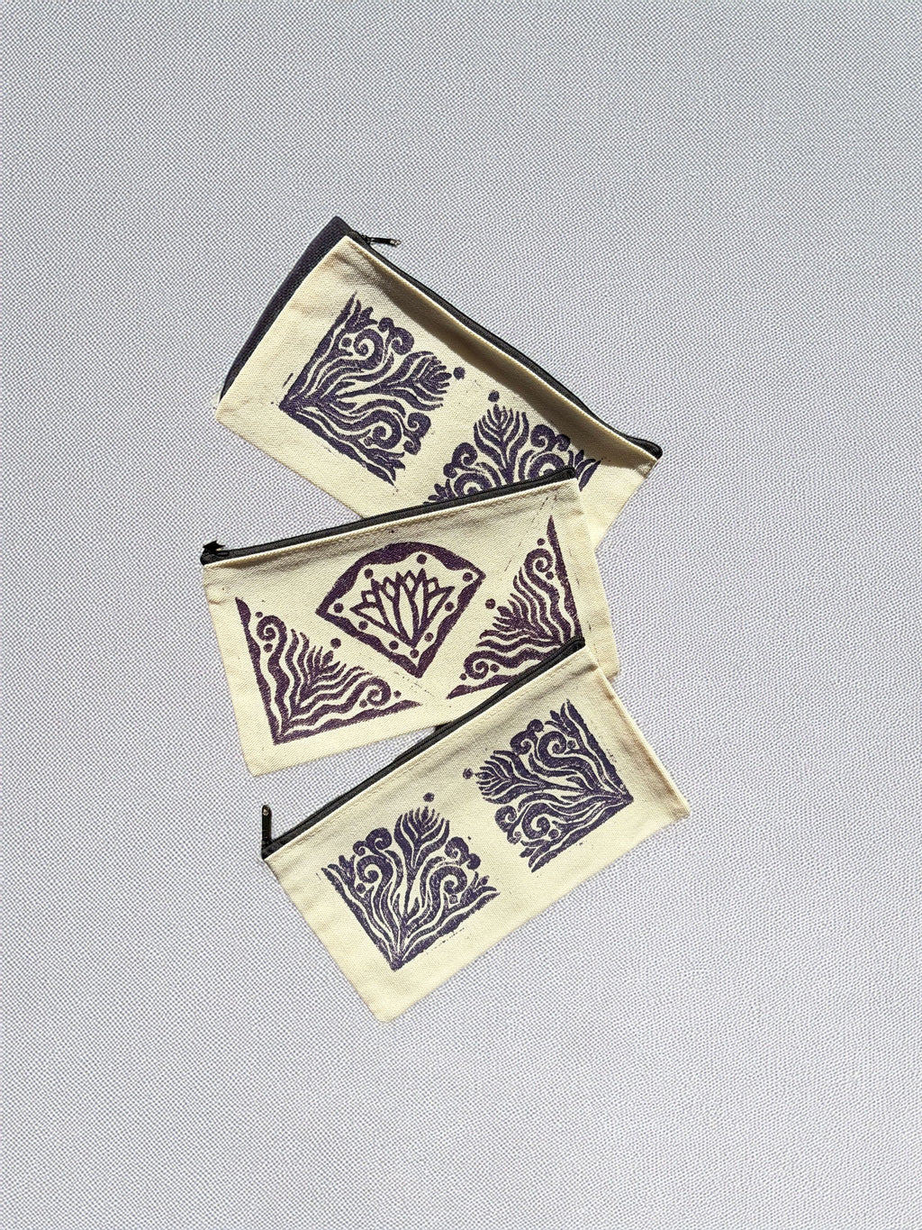 One-of-a-Kind Lino-Printed Linen Pouches - Purple Patterns