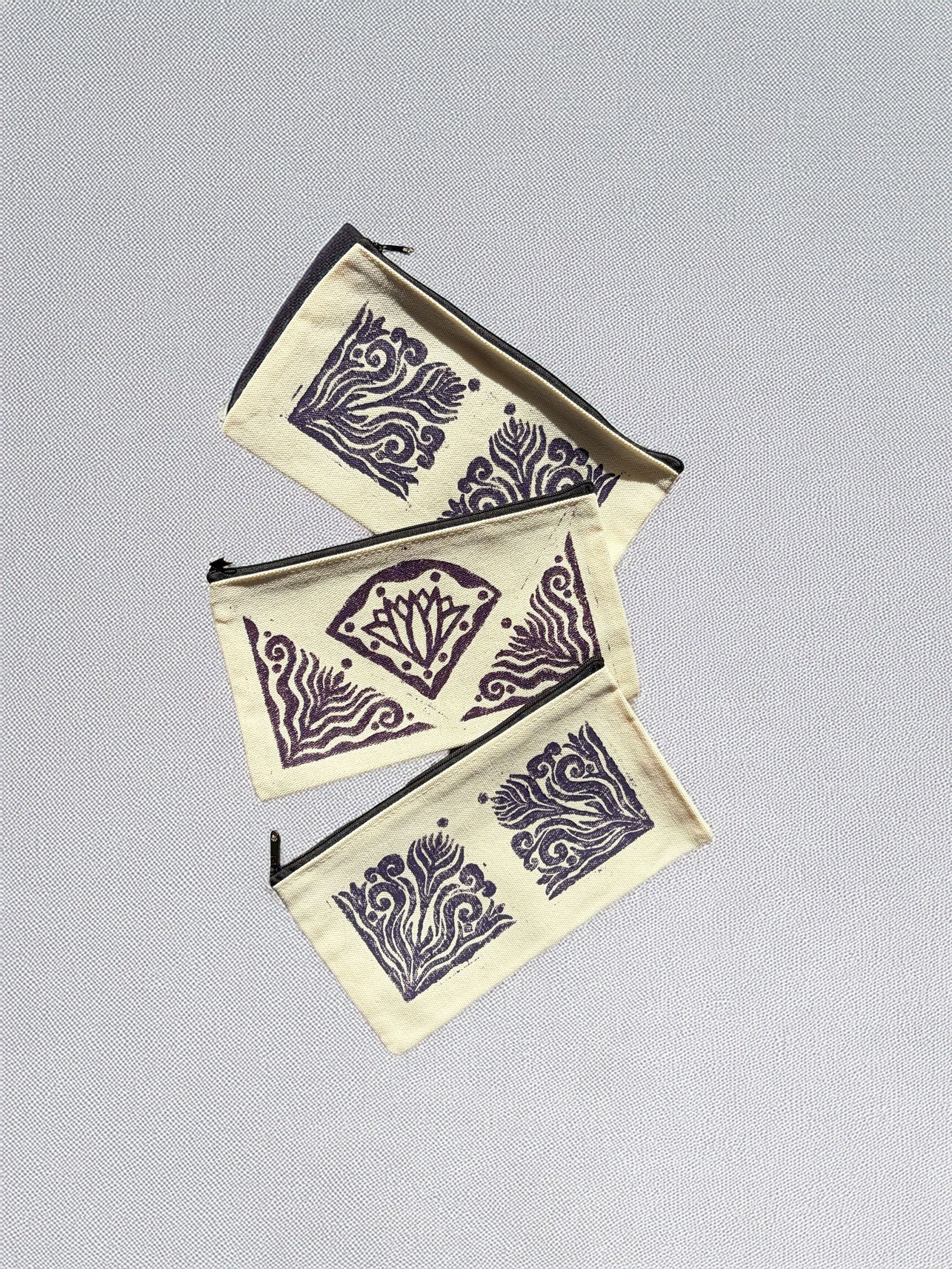 One-of-a-Kind Lino-Printed Linen Pouches - Purple Patterns