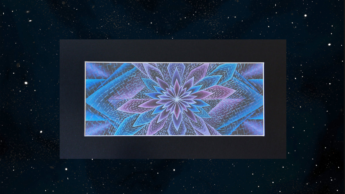 "Blue Blotus" Original Artwork line Art patterns colorful Signed by Artist organic home decoration wall hangings framed flower star blue and purple visionary original art for sale