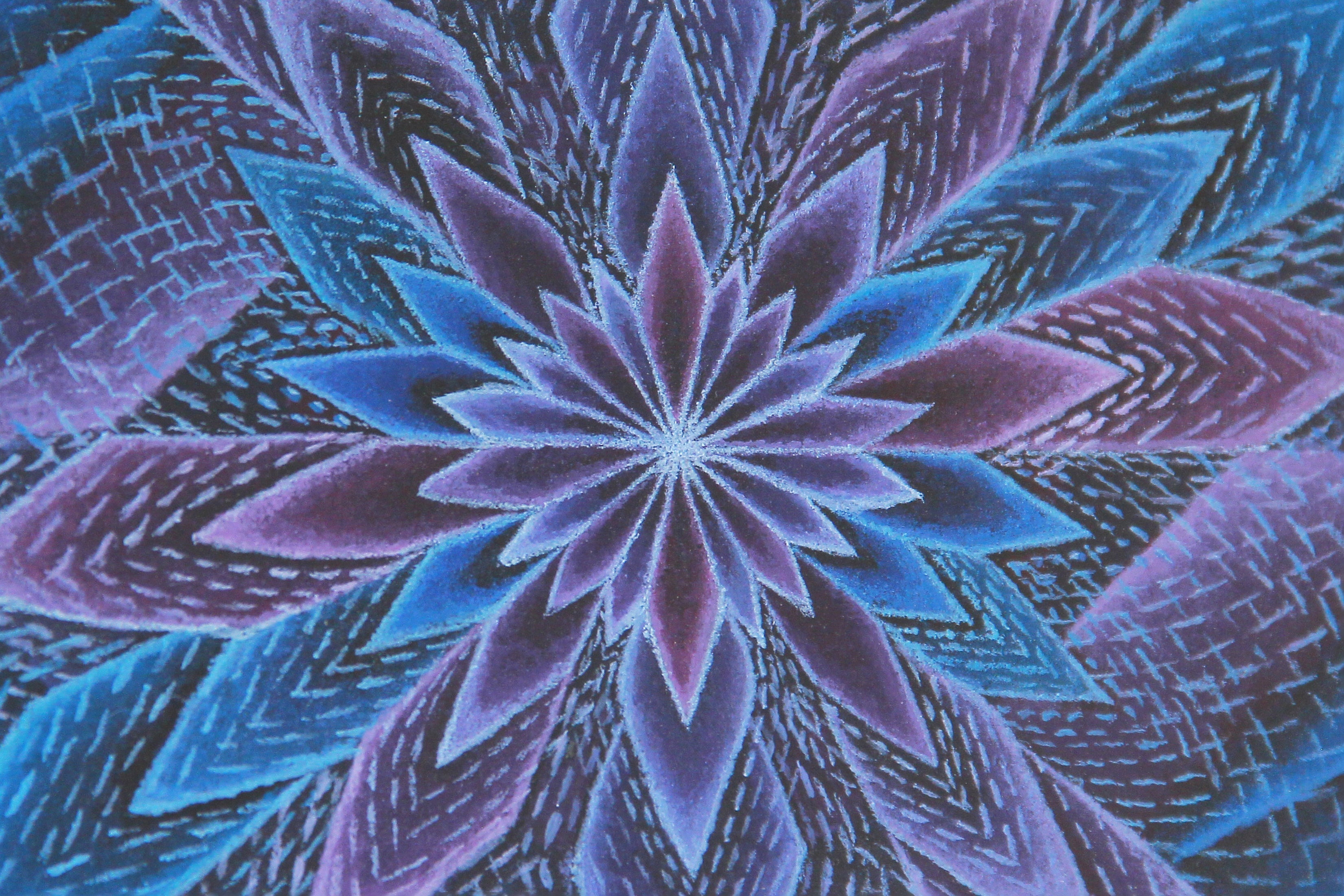 "Blue Blotus" Original Artwork line Art patterns colorful Signed by Artist organic home decoration wall hangings framed flower star blue and purple close-up visionary original art for sale