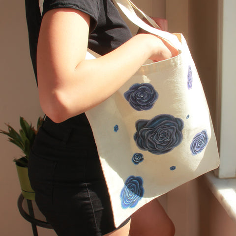 Roses are Blue | Hand Painted Linen Tote Bag | 100% Cotton - Crystel Samia Universe