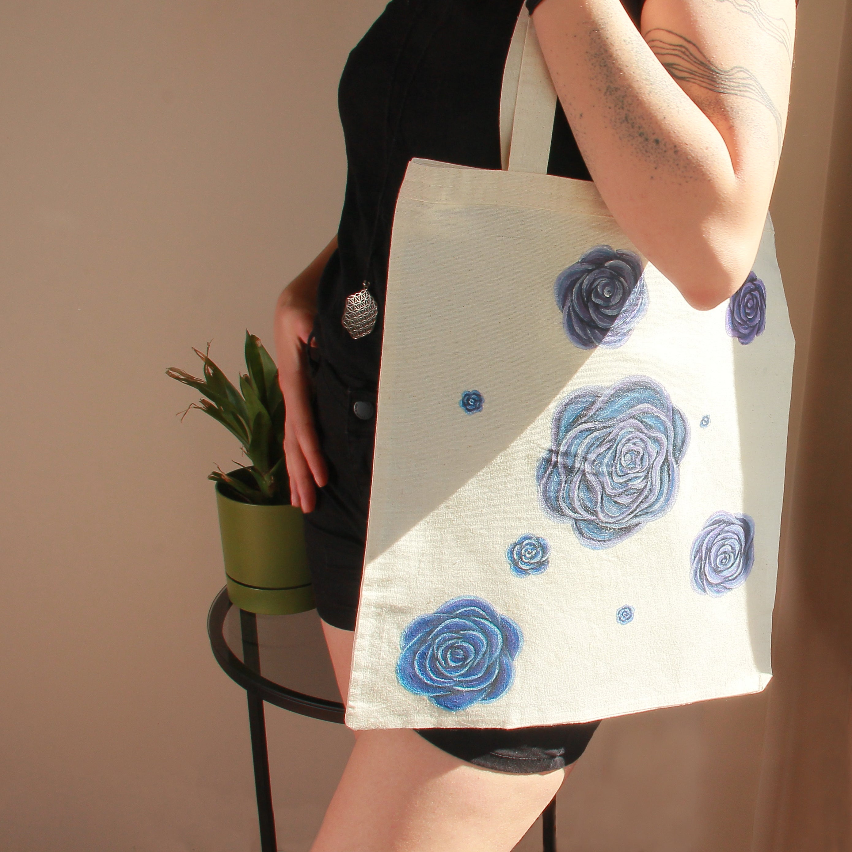 Roses are Blue | Hand Painted Linen Tote Bag | 100% Cotton - Crystel Samia Universe