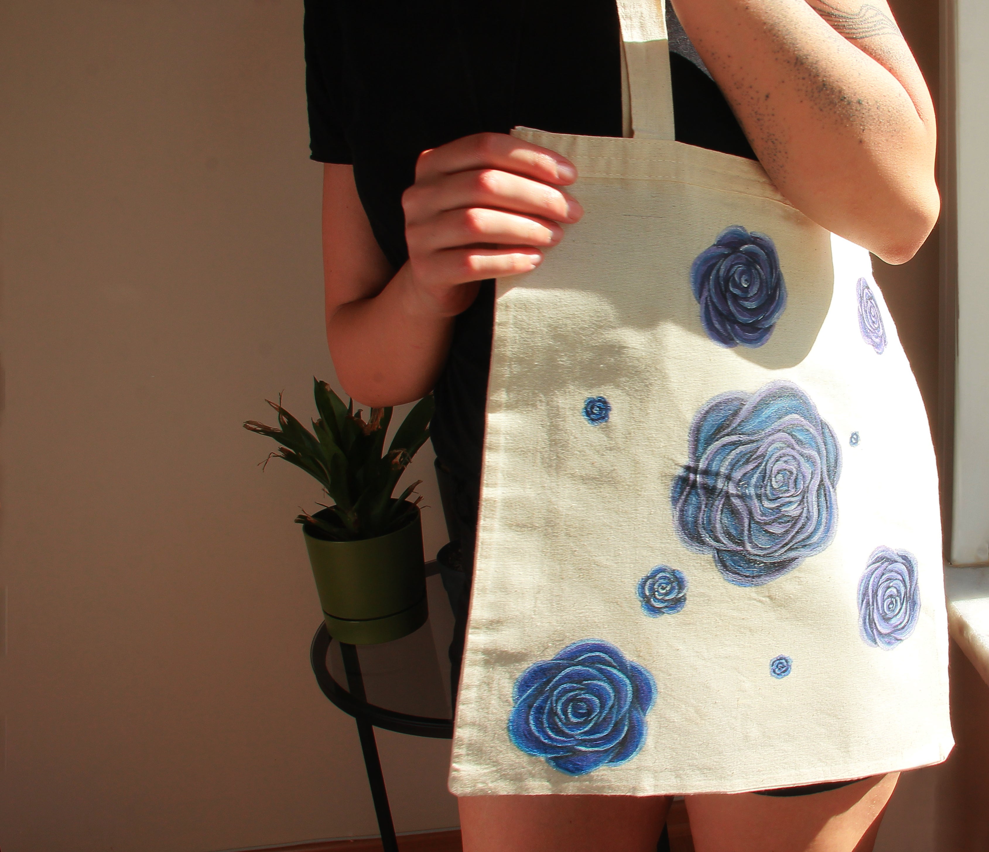 Roses are Blue | Hand Painted Linen Tote Bag | 100% Cotton - Crystel Samia Universe