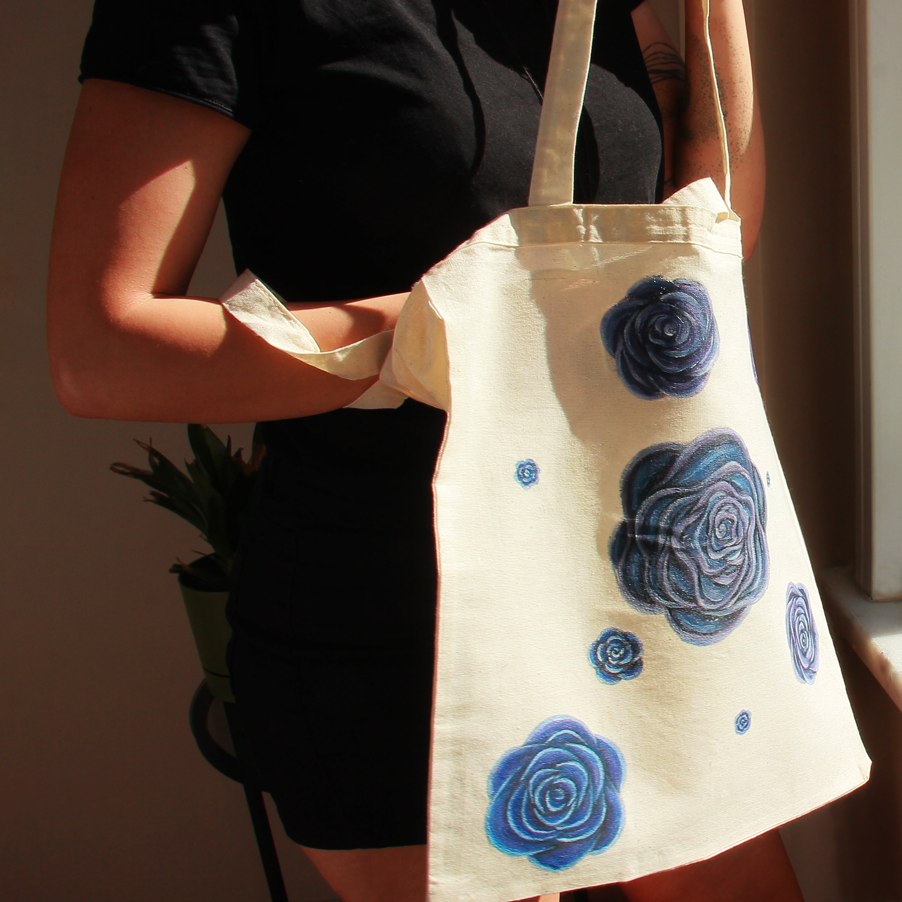 Roses are Blue | Hand Painted Linen Tote Bag | 100% Cotton - Crystel Samia Universe