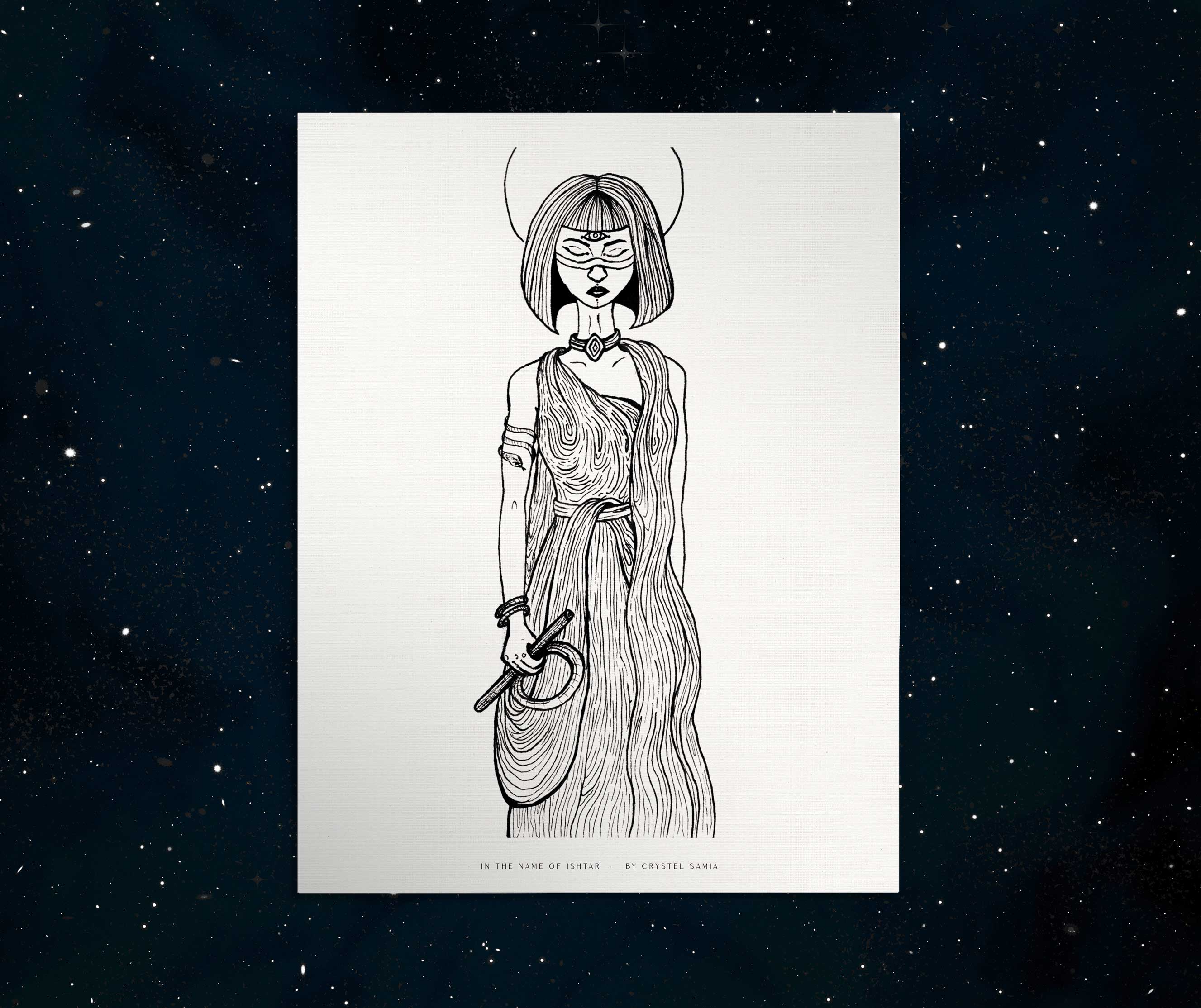 In the Name of Ishtar - Ink on Paper |  Limited Prints from Original Hand-Drawn | Canvas Paper Print - Crystel Samia Universe