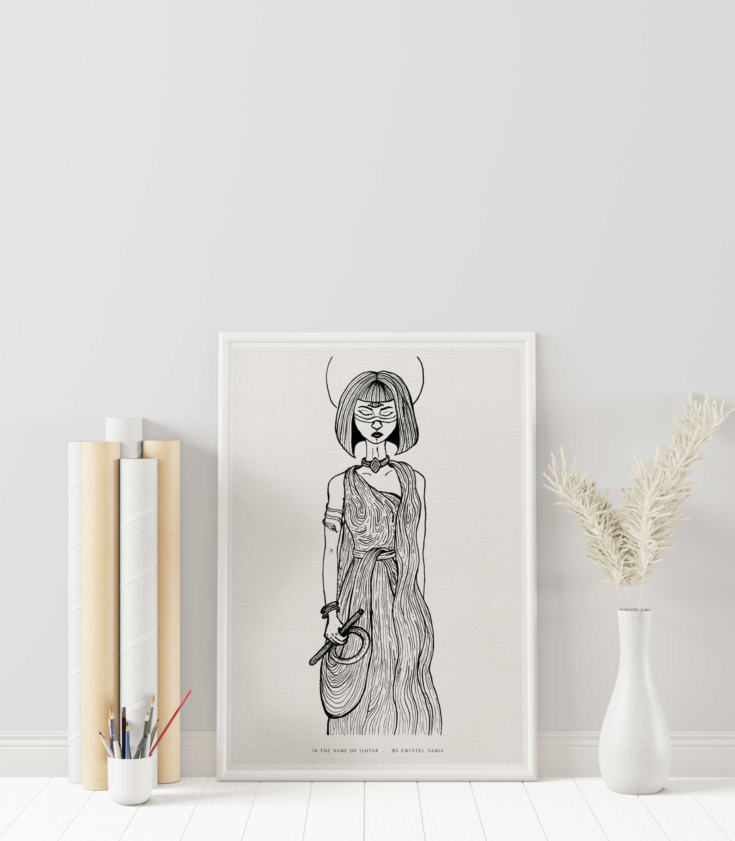 In the Name of Ishtar - Ink on Paper |  Limited Prints from Original Hand-Drawn | Canvas Paper Print - Crystel Samia Universe