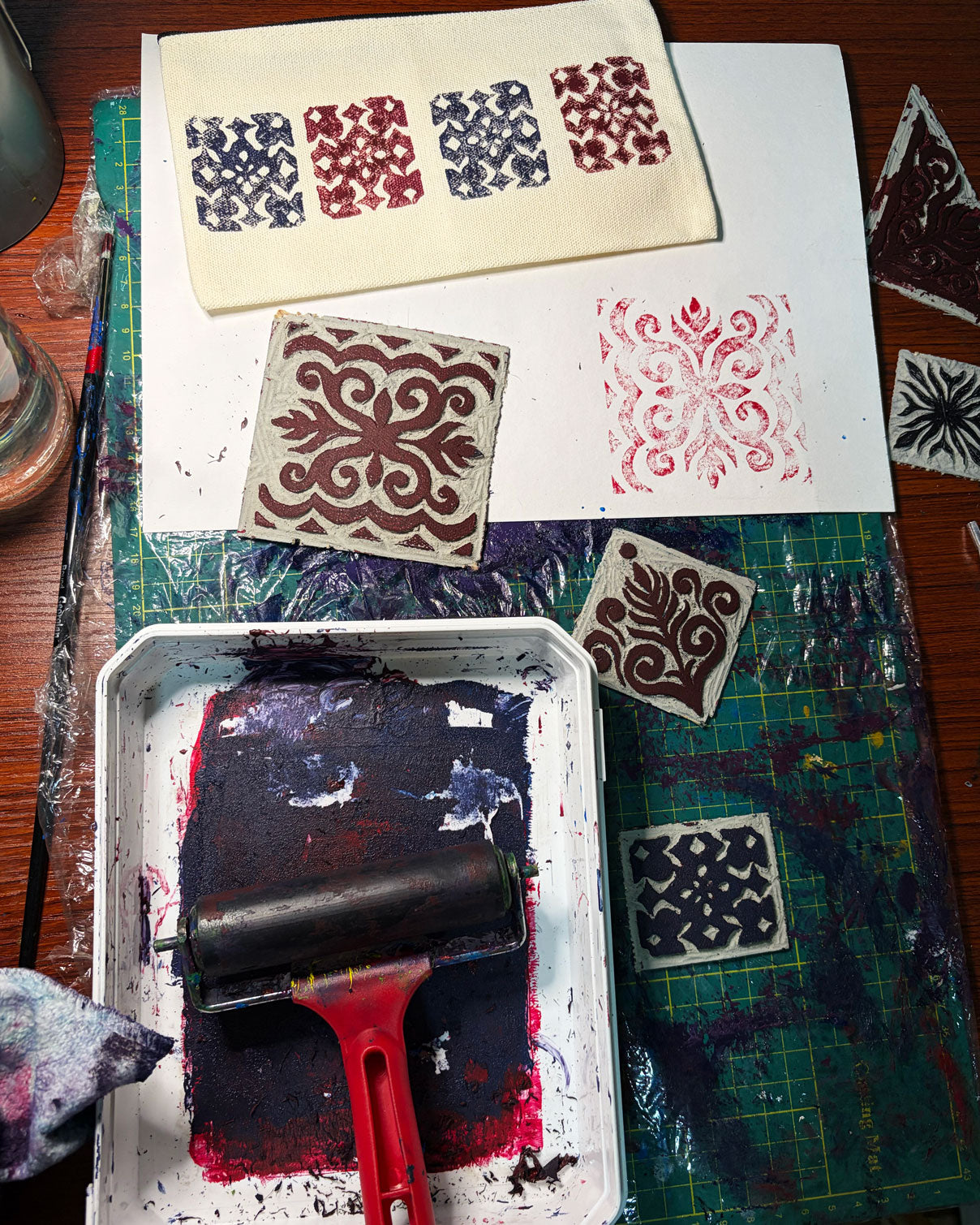 One-of-a-Kind Lino-Printed Linen Pouches - Red Patterns