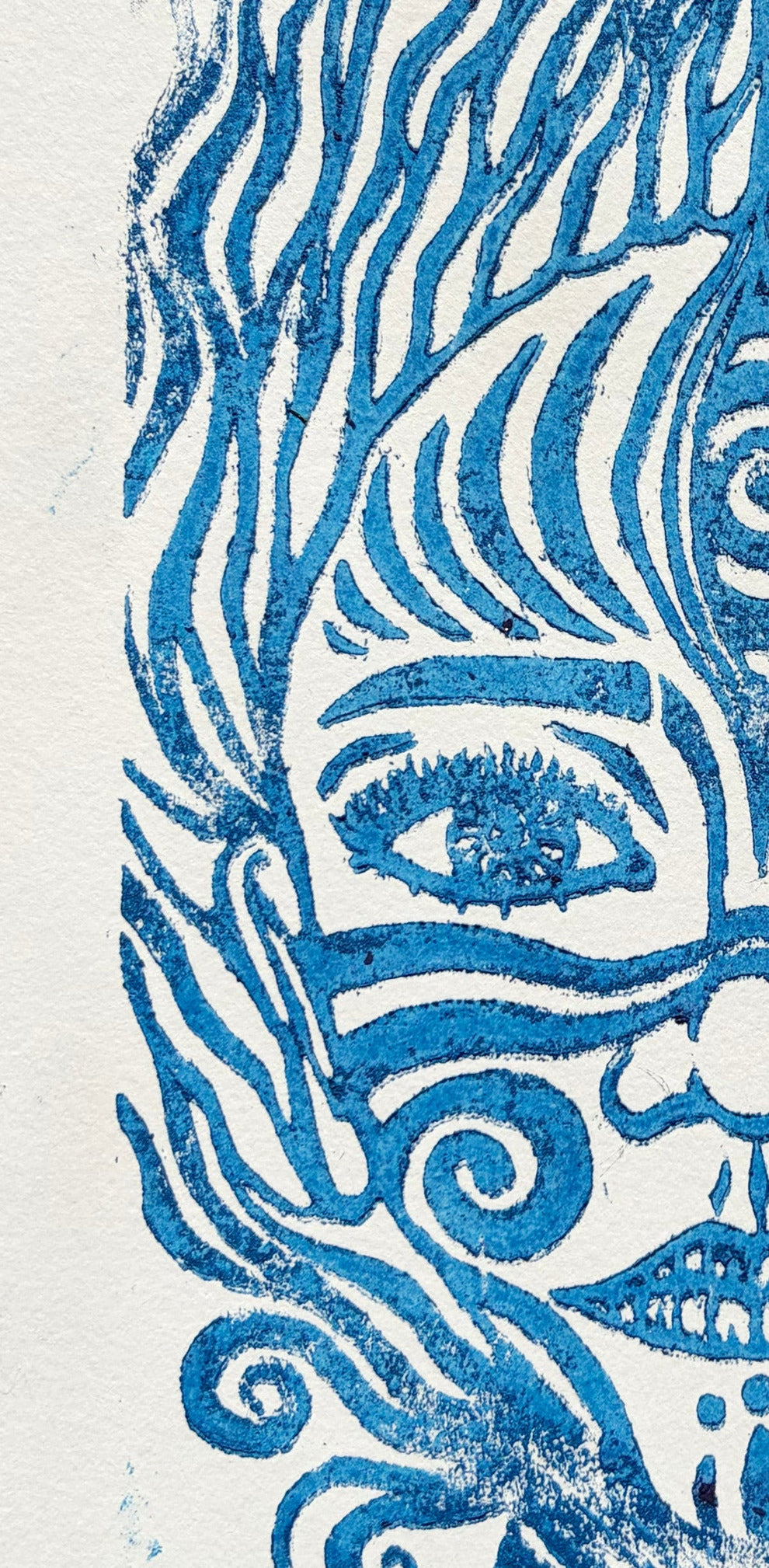 blue face lino-cut print