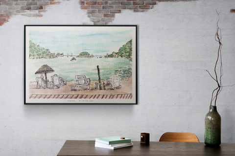 Marmaris - Limited Print from Original Hand-Painted Watercolor and Ink Artwork sea and mountains signed colorful calm art