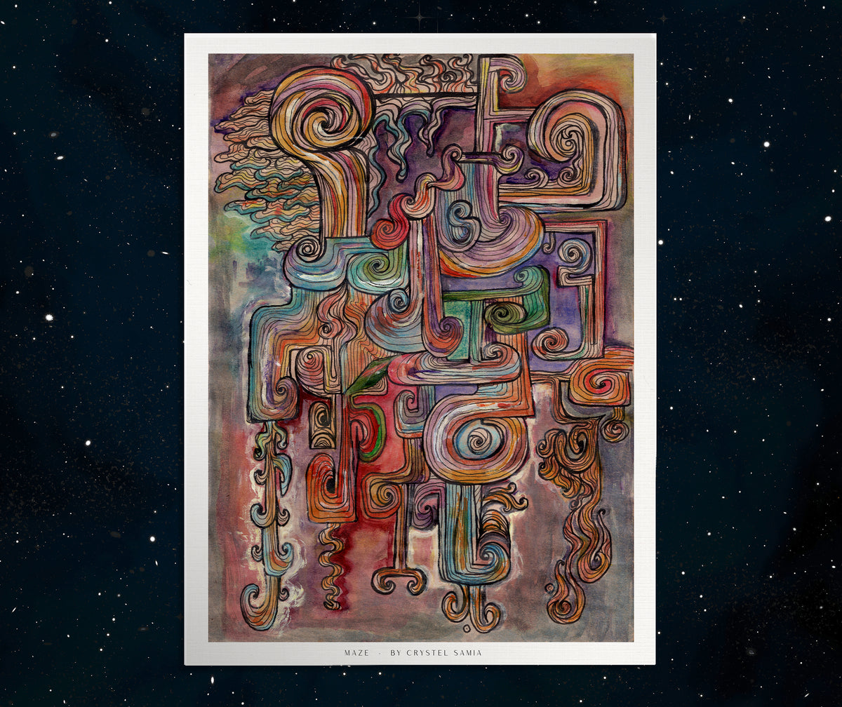 Maze - Watercolor and Ink on Recycled Paper |  Limited Prints from Original Hand-Painted Artwork on Canvas Paper Print signed by artist colorful