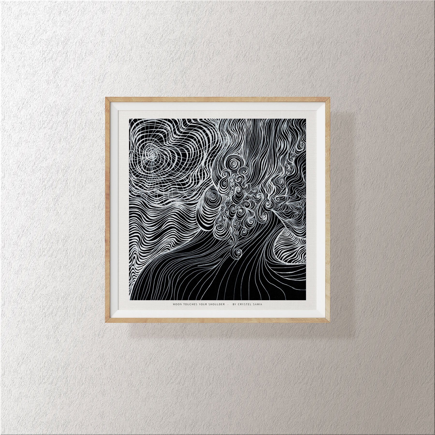 Moon Touches your Shoulder - Limited Print from Original Hand Painted Black and White Line Art and Dot Work Artwork signed by artist black and white women moon wavy spirals