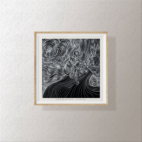 Moon Touches your Shoulder - Limited Print from Original Hand Painted Black and White Line Art and Dot Work Artwork signed by artist black and white women moon wavy spirals