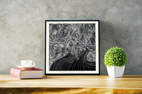 Moon Touches your Shoulder - Limited Print from Original Hand Painted Black and White Line Art and Dot Work Artwork signed by artist black and white women moon wavy spirals