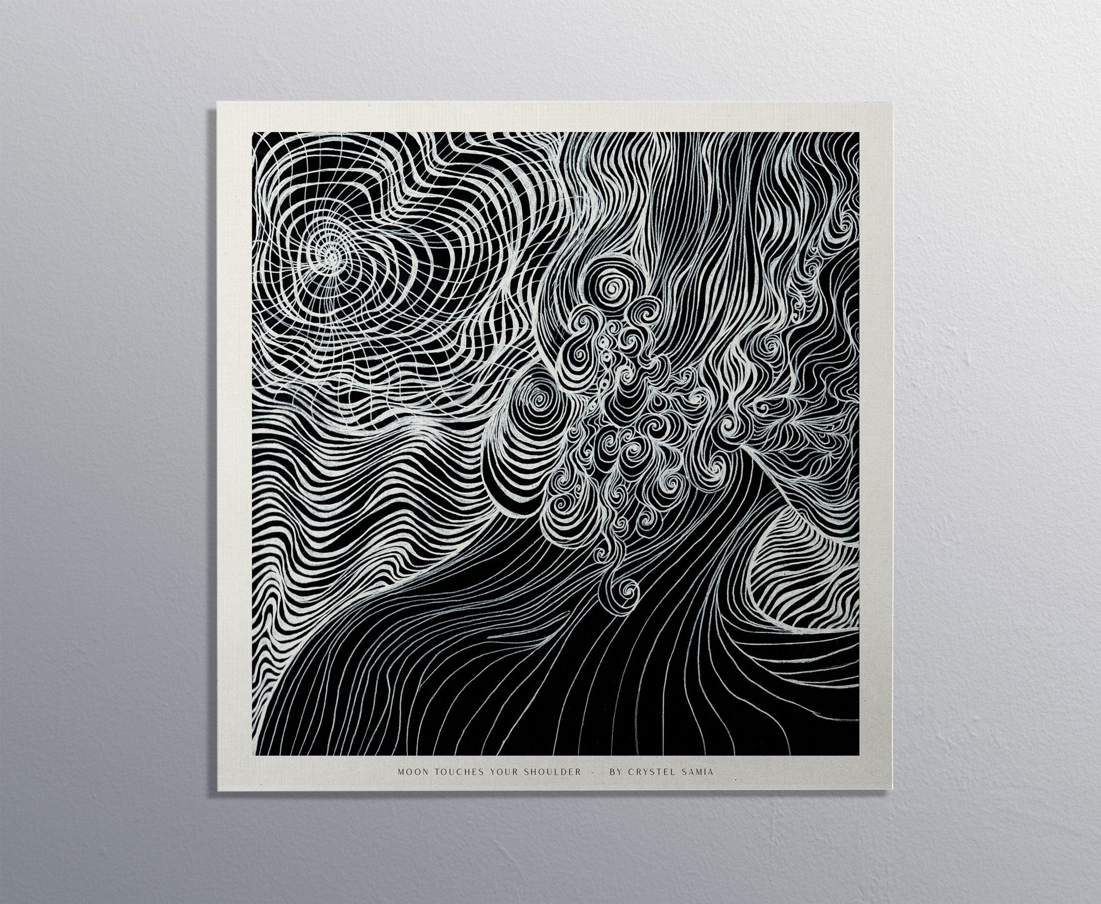 Moon Touches your Shoulder - Limited Print from Original Hand Painted Black and White Line Art and Dot Work Artwork signed by artist black and white women moon wavy spirals