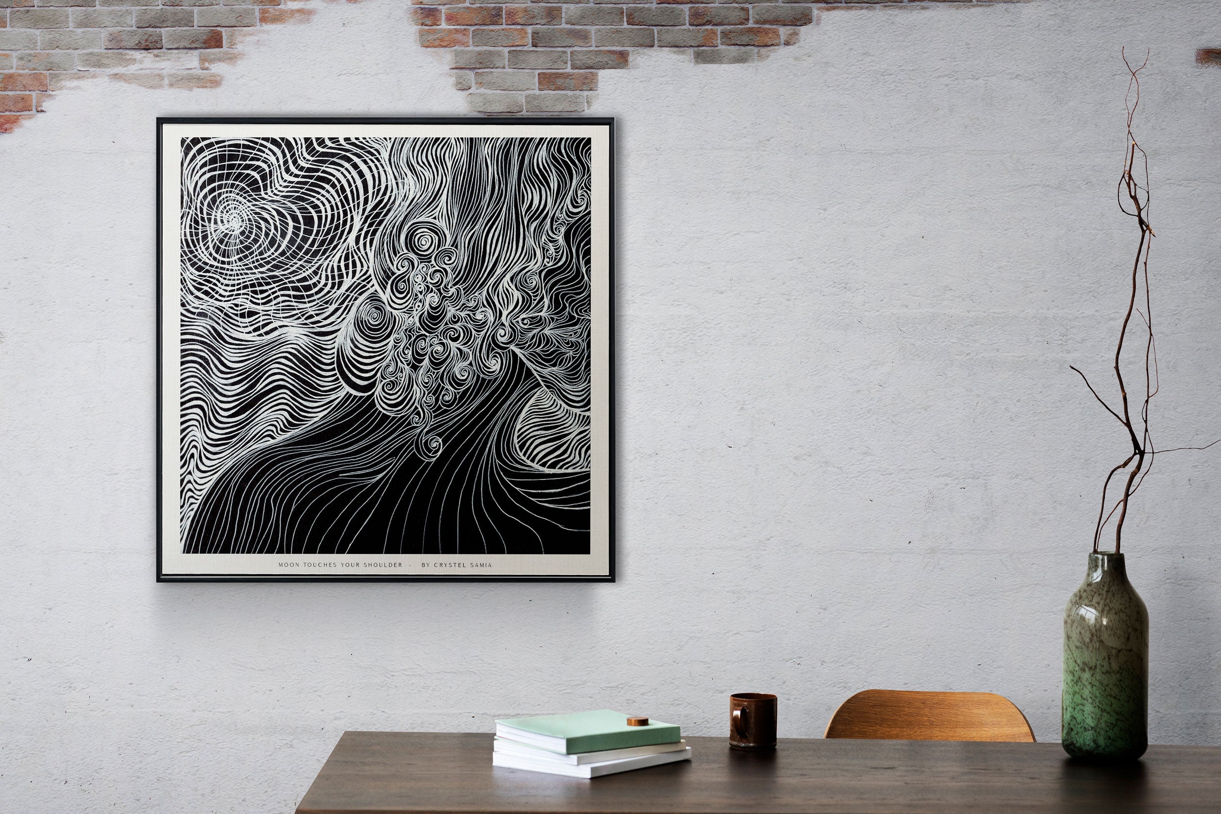 Moon Touches your Shoulder - Limited Print from Original Hand Painted Black and White Line Art and Dot Work Artwork signed by artist black and white women moon wavy spirals