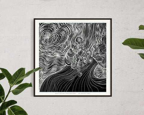 Moon Touches your Shoulder - Limited Print from Original Hand Painted Black and White Line Art and Dot Work Artwork signed by artist black and white women moon wavy spirals