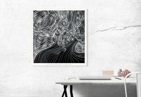 Moon Touches your Shoulder - Limited Print from Original Hand Painted Black and White Line Art and Dot Work Artwork signed by artist black and white women moon wavy spirals