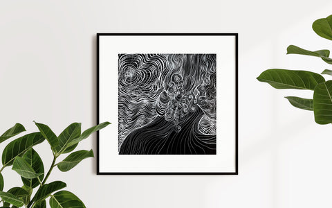 Moon Touches your Shoulder - Limited Print from Original Hand Painted Black and White Line Art and Dot Work Artwork signed by artist black and white women moon wavy spirals