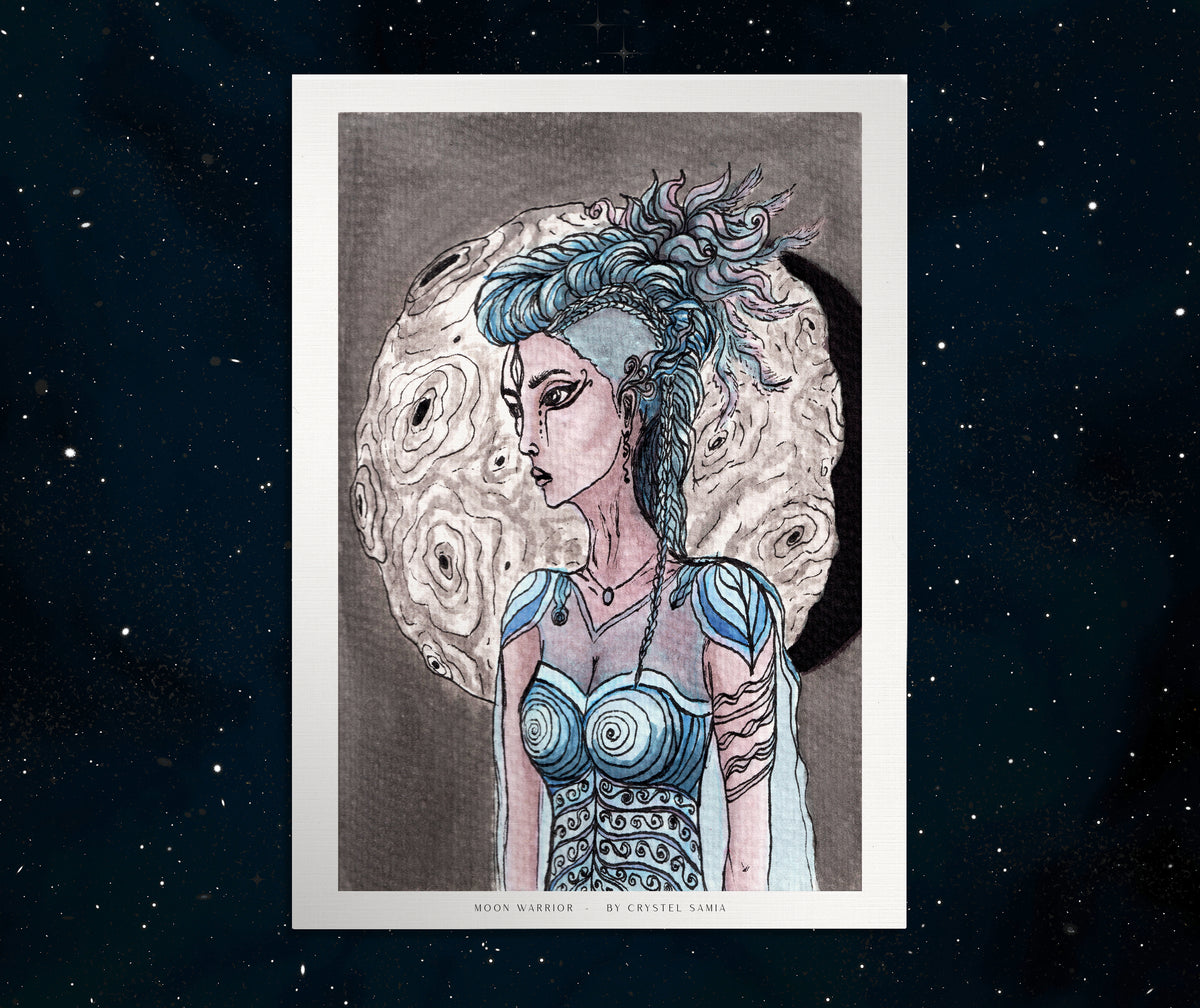 Moon Warrior - Watercolor Artwork | Limited Prints from Original Hand-Painted home decore signed by artist women figure