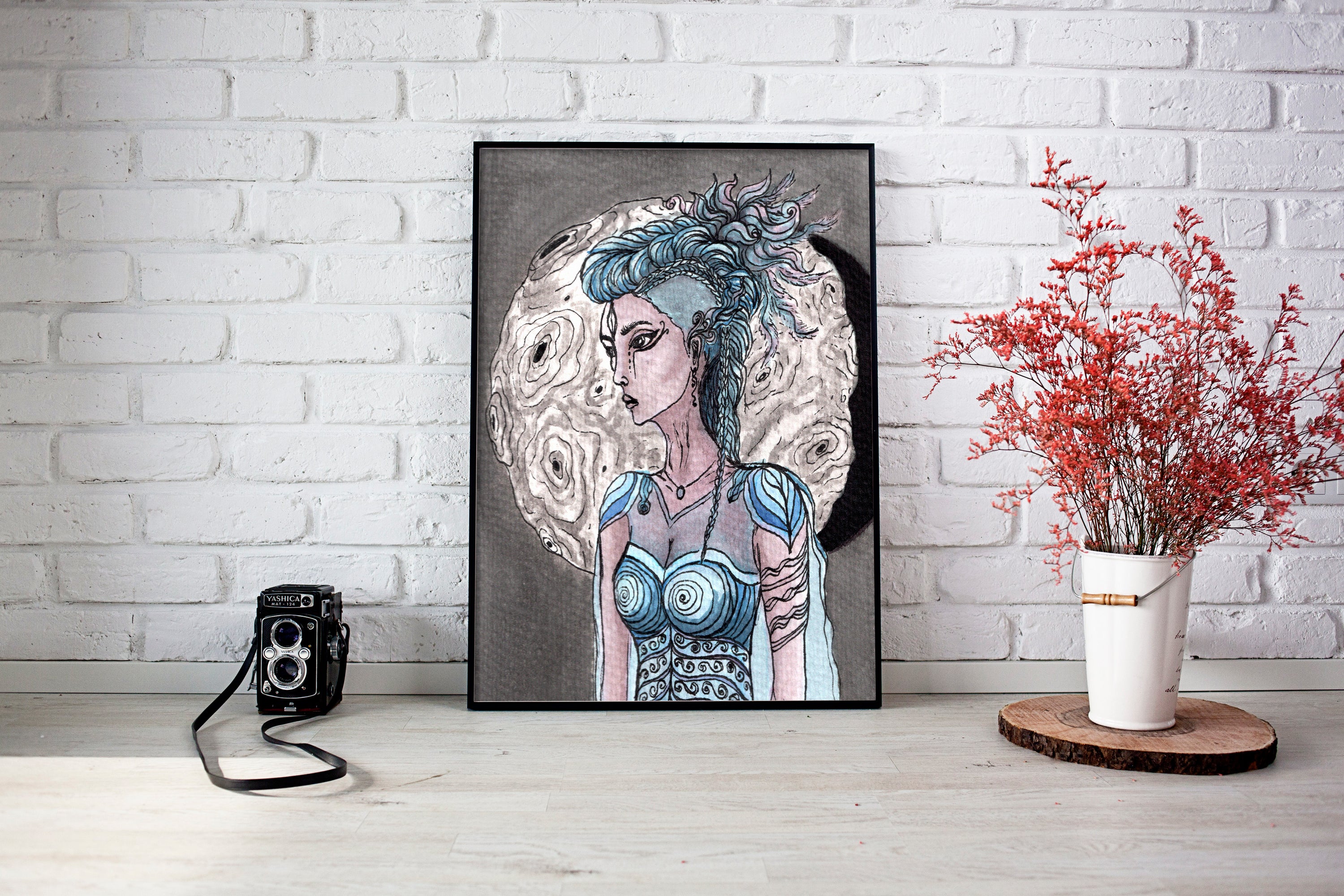 Moon Warrior - Watercolor Artwork | Limited Prints from Original Hand-Painted home decore signed by artist women figure