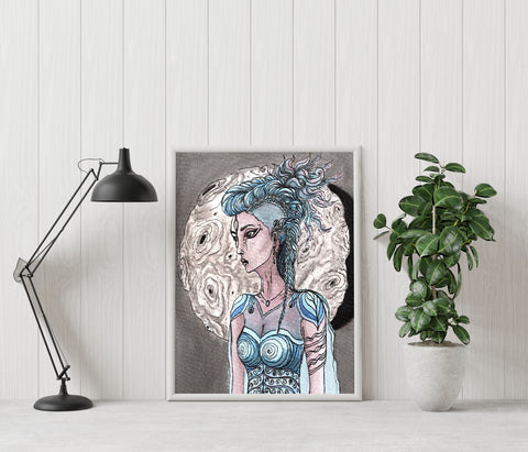 Moon Warrior - Watercolor Artwork | Limited Prints from Original Hand-Painted home decore signed by artist women figure