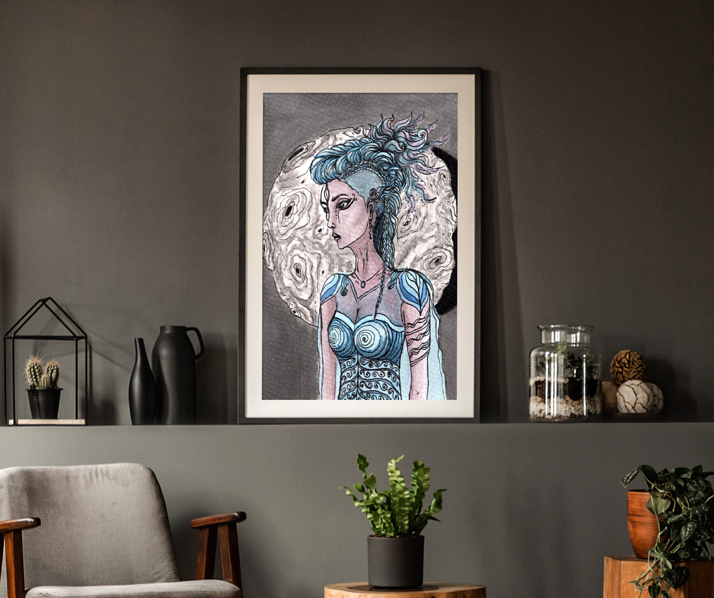 Moon Warrior - Watercolor Artwork | Limited Prints from Original Hand-Painted home decore signed by artist women figure