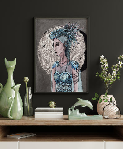 Moon Warrior - Watercolor Artwork | Limited Prints from Original Hand-Painted home decore signed by artist women figure