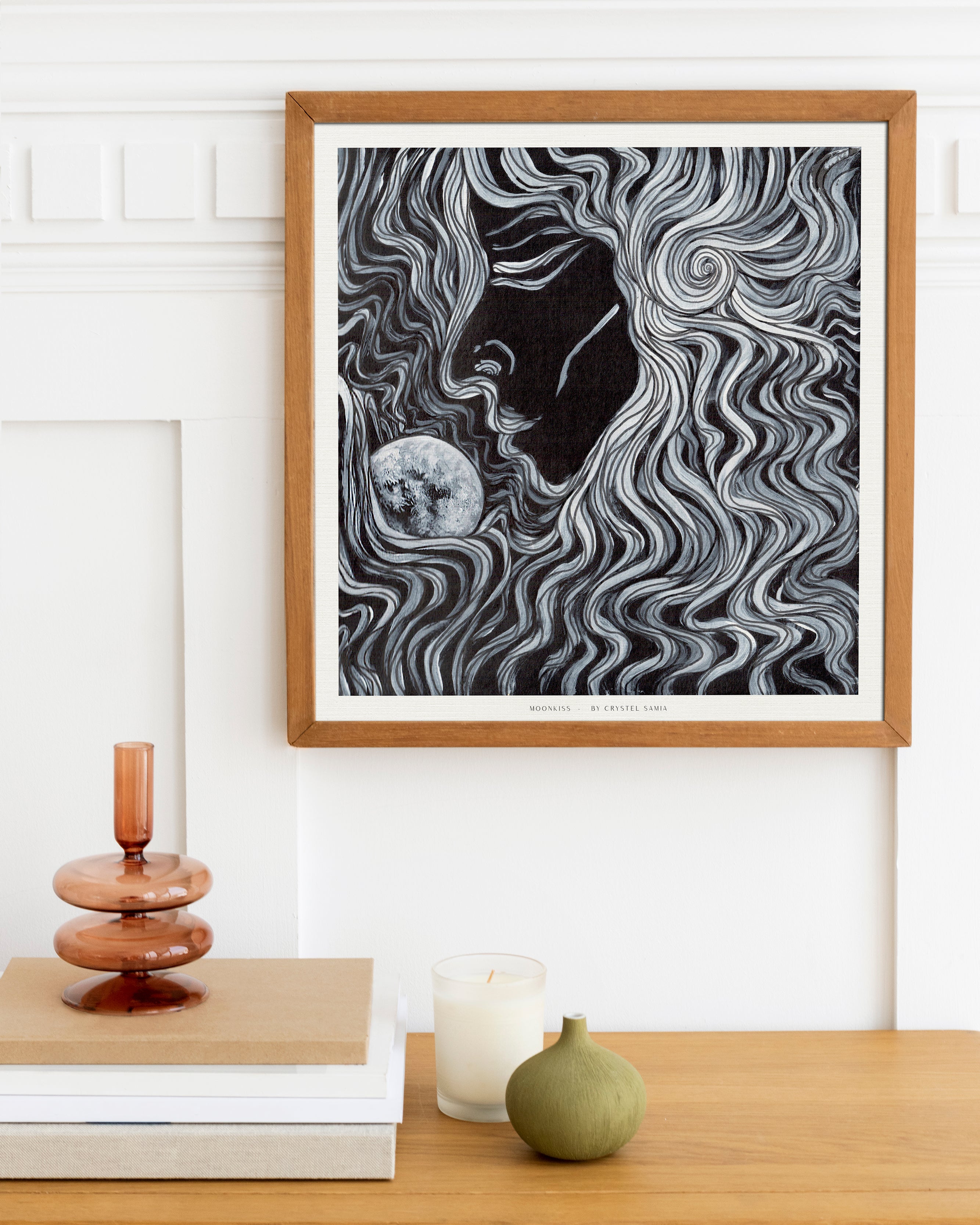 Moonkiss - Limited Print from Original Hand Painted Line Acrylic signed by artist black and white women kissing the moon female goddess home decor poster