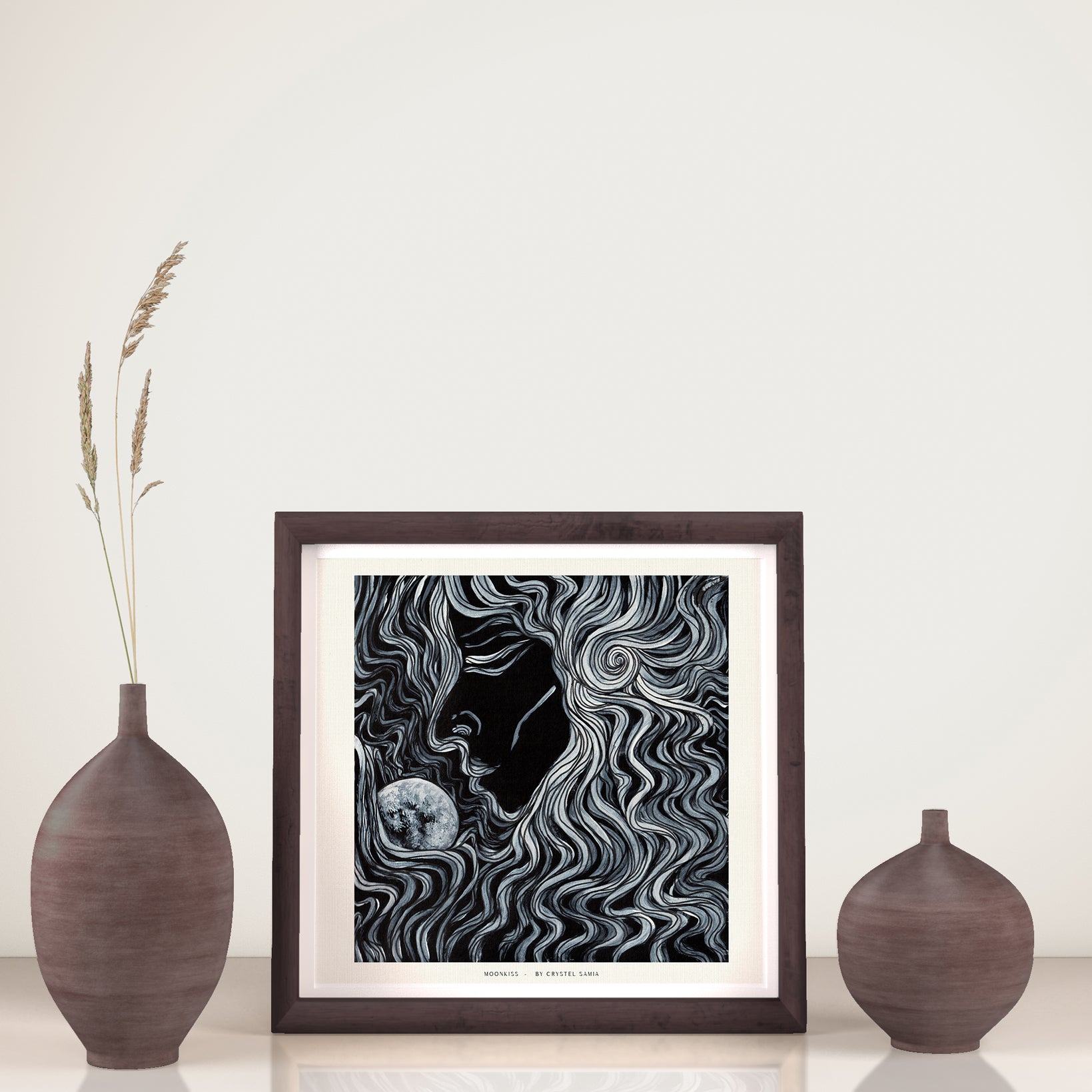 Moonkiss - Limited Print from Original Hand Painted Line Acrylic signed by artist black and white women kissing the moon female goddess home decor poster