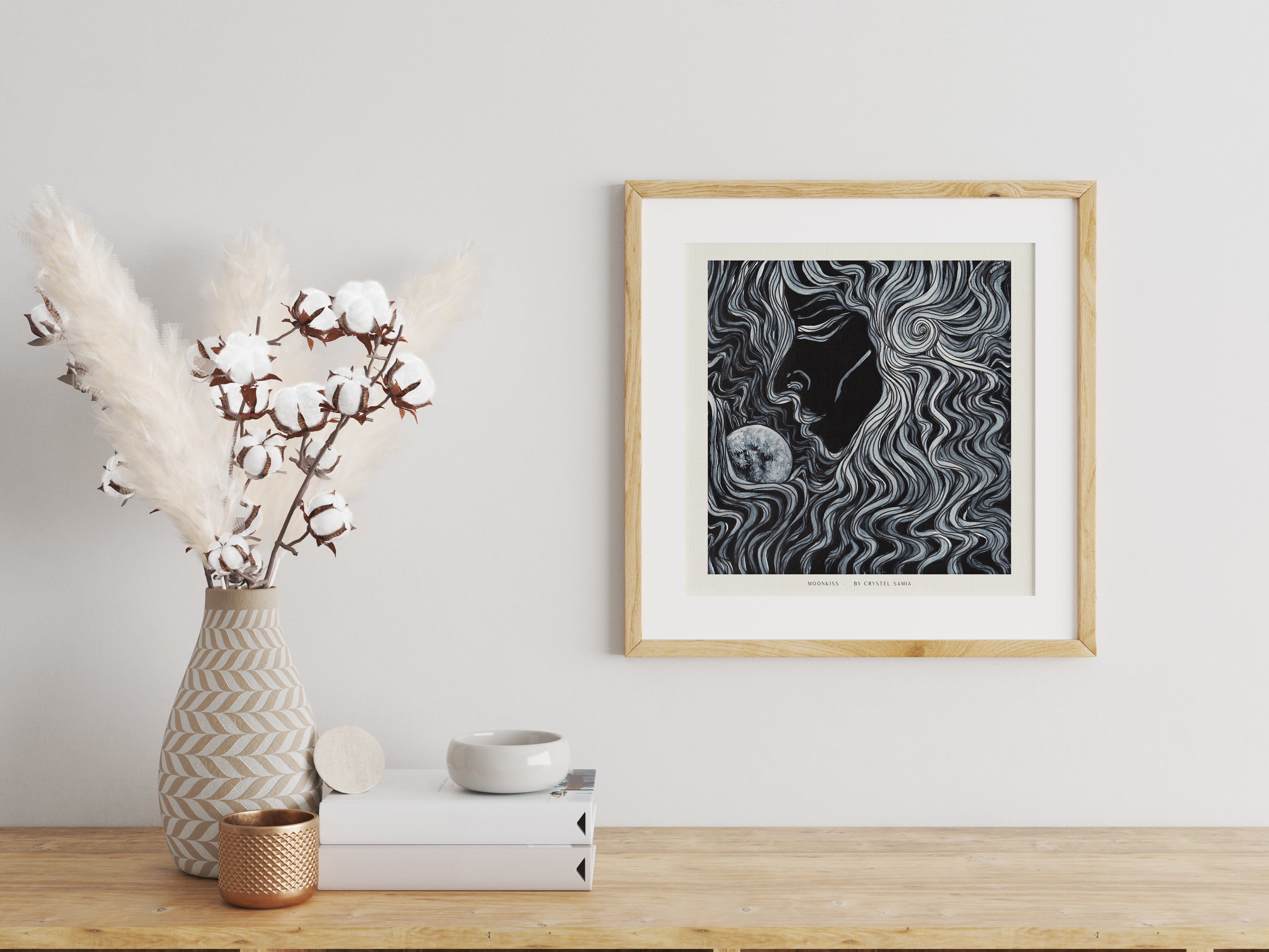 Moonkiss - Limited Print from Original Hand Painted Line Acrylic signed by artist black and white women kissing the moon female goddess home decor poster