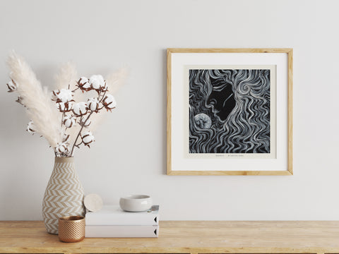 Moonkiss - Limited Print from Original Hand Painted Line Acrylic signed by artist black and white women kissing the moon female goddess home decor poster