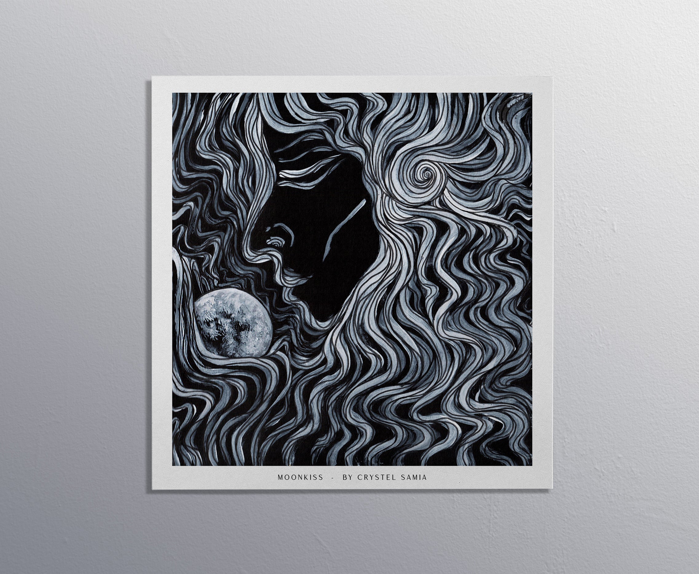 Moonkiss - Limited Print from Original Hand Painted Line Acrylic signed by artist black and white women kissing the moon female goddess home decor poster