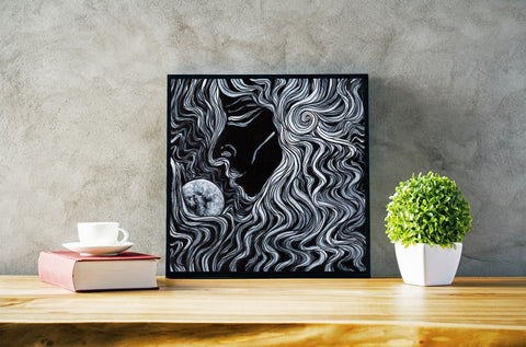 Moonkiss - Limited Print from Original Hand Painted Line Acrylic signed by artist black and white women kissing the moon female goddess home decor poster