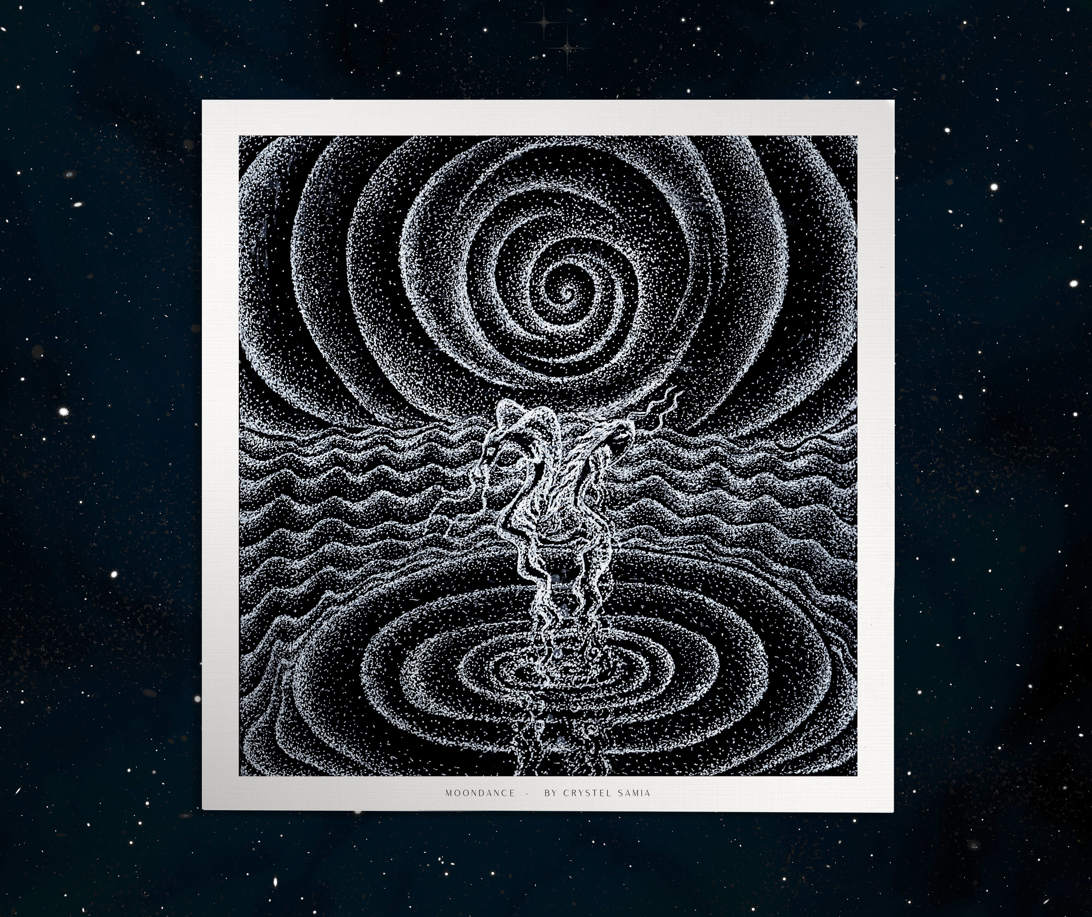 Moondance - Limited Print from Original White on Black Line Art & Dotwork Drawing dragon and koi fish dancing in the moonlight over the sea black and white trippy artwork signed by artist