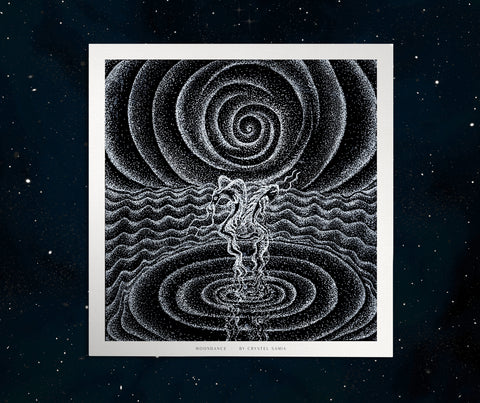 Moondance - Limited Print from Original White on Black Line Art & Dotwork Drawing dragon and koi fish dancing in the moonlight over the sea black and white trippy artwork signed by artist