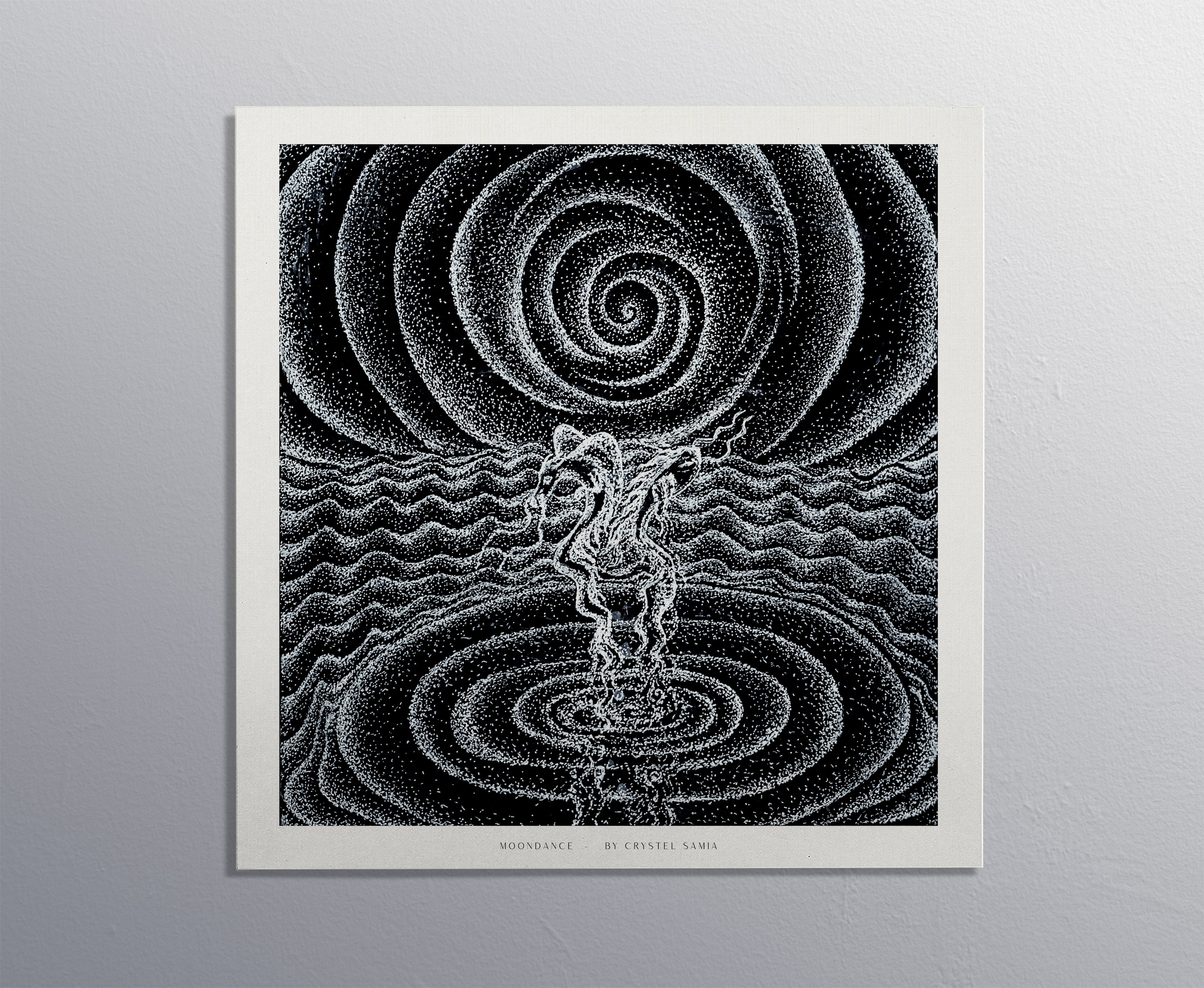 Moondance - Limited Print from Original White on Black Line Art & Dotwork Drawing dragon and koi fish dancing in the moonlight over the sea black and white trippy artwork signed by artist