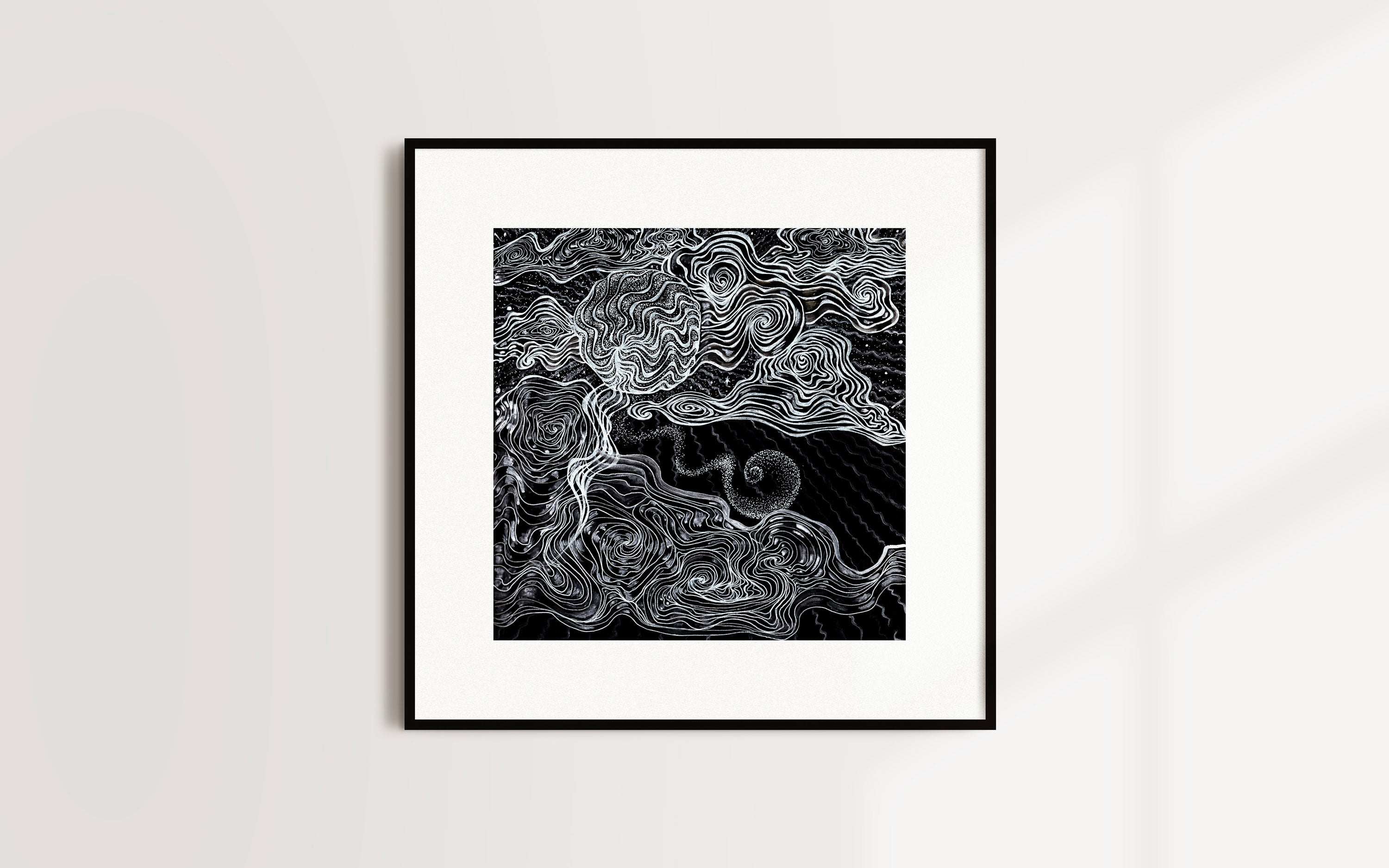 MOONSCAPE - Limited Prints from Original White Ink on Black Sketchbook Artwork signed by artist black and white moon clouds mystical night scene