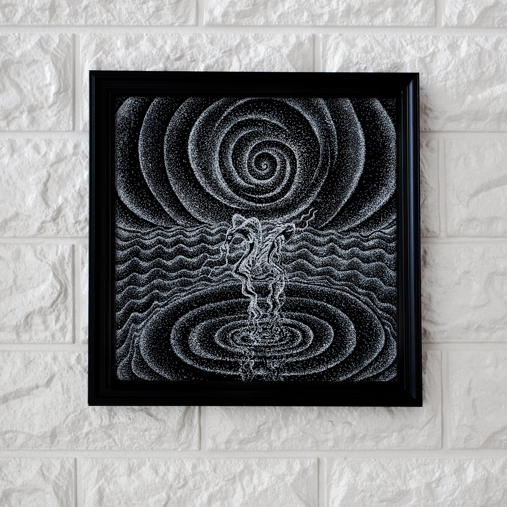 Moondance - Limited Print from Original White on Black Line Art & Dotwork Drawing dragon and koi fish dancing in the moonlight over the sea black and white trippy artwork signed by artist