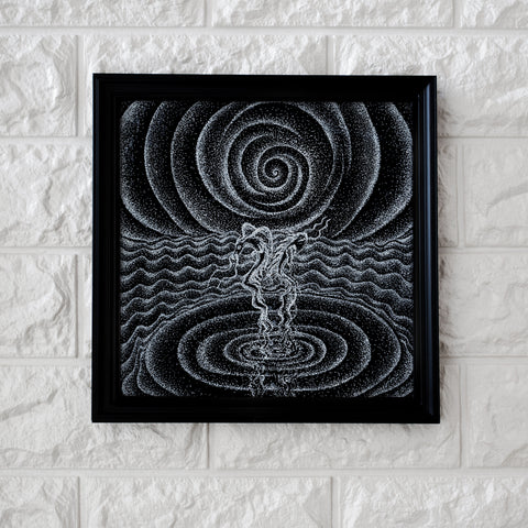 Moondance - Limited Print from Original White on Black Line Art & Dotwork Drawing dragon and koi fish dancing in the moonlight over the sea black and white trippy artwork signed by artist