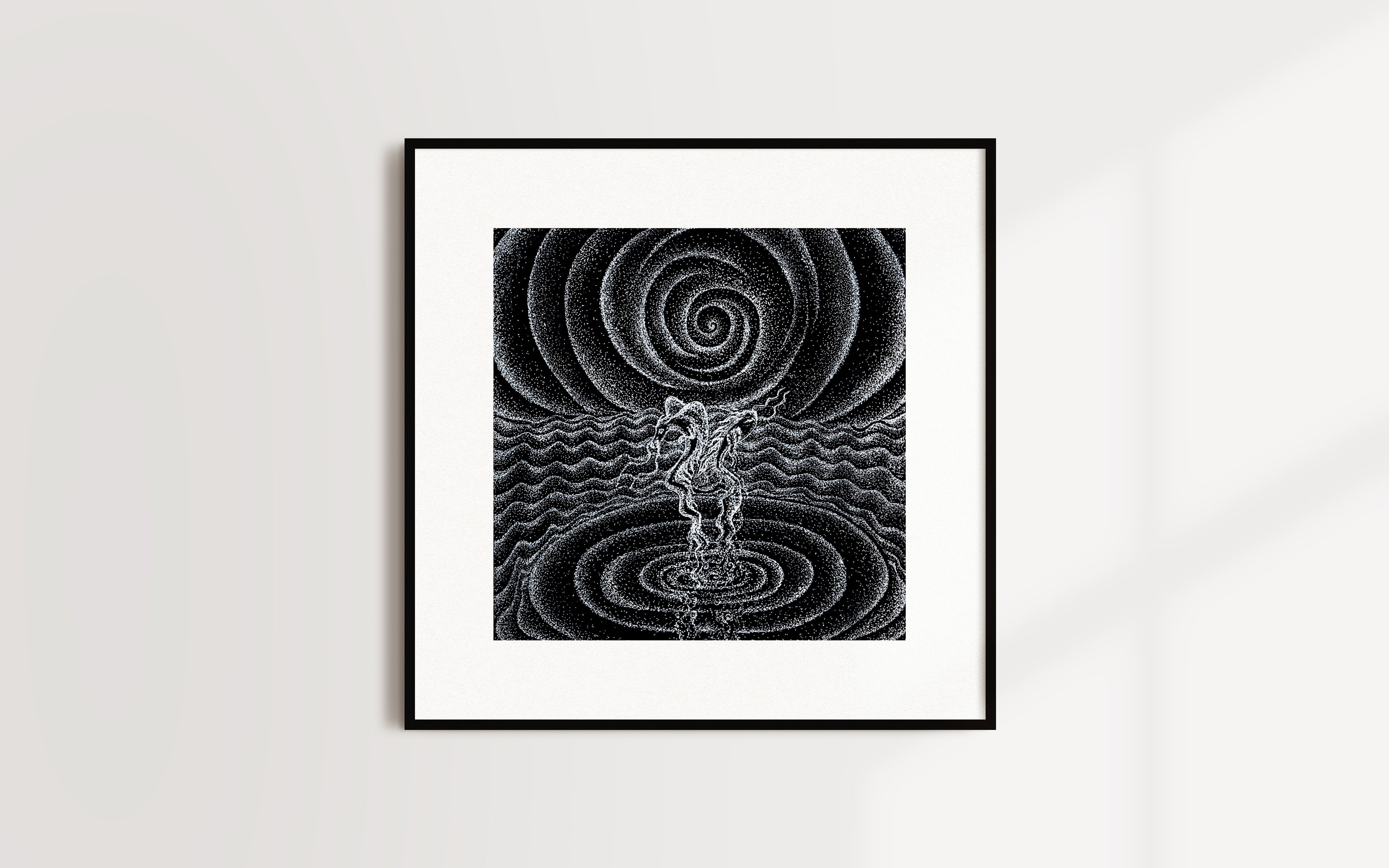 Moondance - Limited Print from Original White on Black Line Art & Dotwork Drawing dragon and koi fish dancing in the moonlight over the sea black and white trippy artwork signed by artist