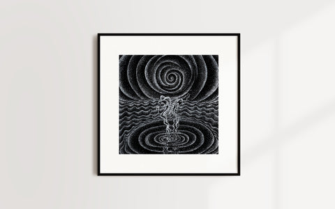 Moondance - Limited Print from Original White on Black Line Art & Dotwork Drawing dragon and koi fish dancing in the moonlight over the sea black and white trippy artwork signed by artist