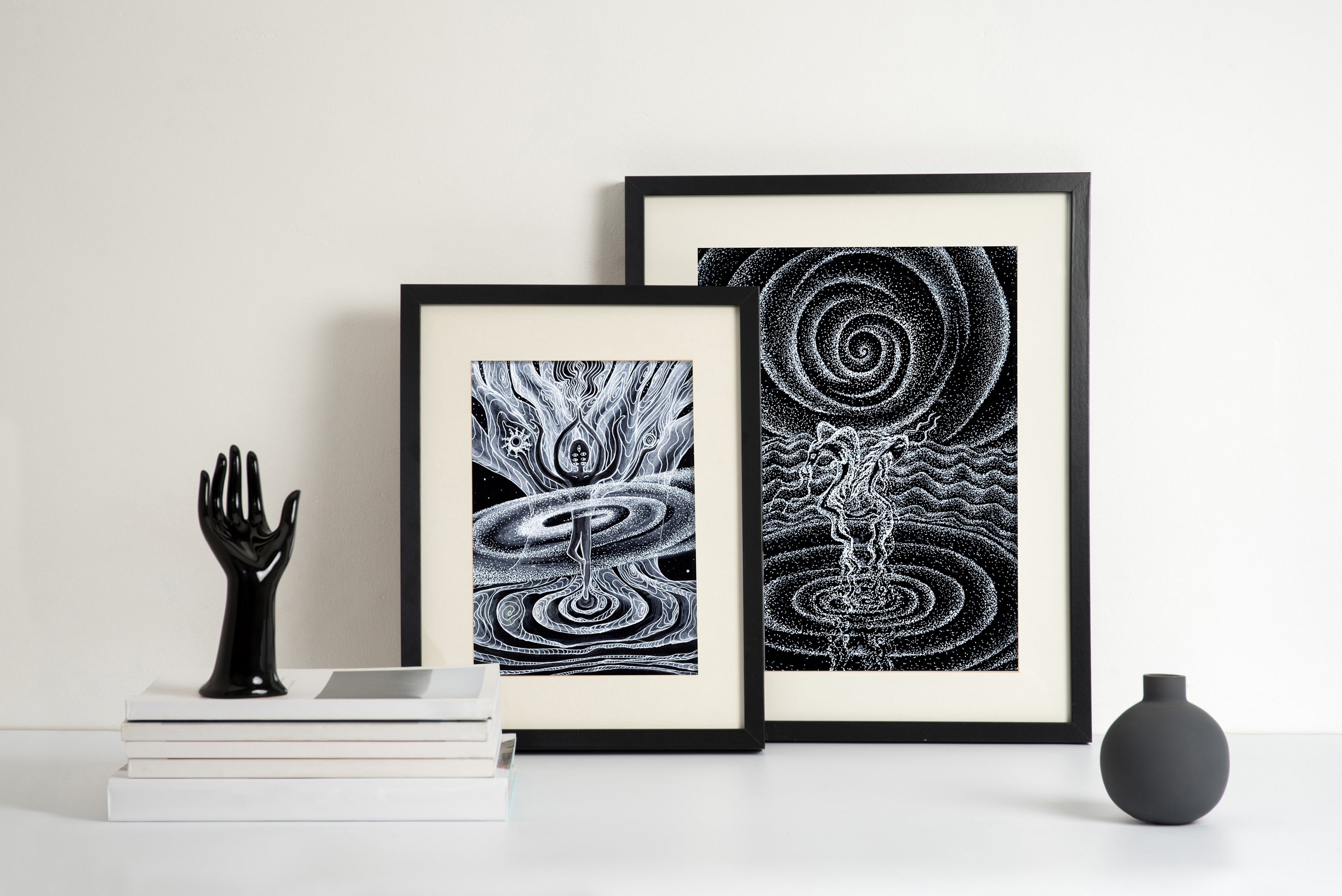 Moondance - Limited Print from Original White on Black Line Art & Dotwork Drawing dragon and coi fish dancing in the moonlight over the sea black and white trippy artwork with Elements Dance artwork signed by artist 