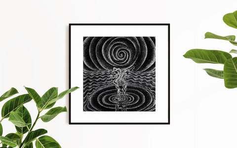 Moondance - Limited Print from Original White on Black Line Art & Dotwork Drawing dragon and koi fish dancing in the moonlight over the sea black and white trippy artwork signed by artistwall home decore