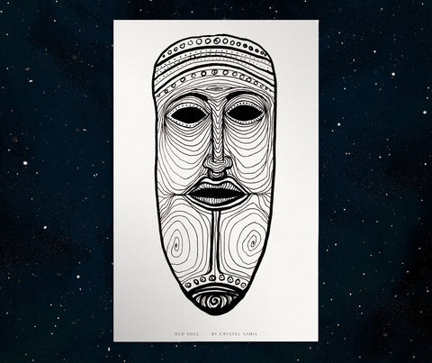 Old Soul - Ink on Paper  Limited Prints from Original Hand-Drawn Canvas Paper Print black and white tribal masp signed by artist