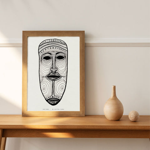 Old Soul - Ink on Paper  Limited Prints from Original Hand-Drawn Canvas Paper Print black and white tribal masp signed by artist