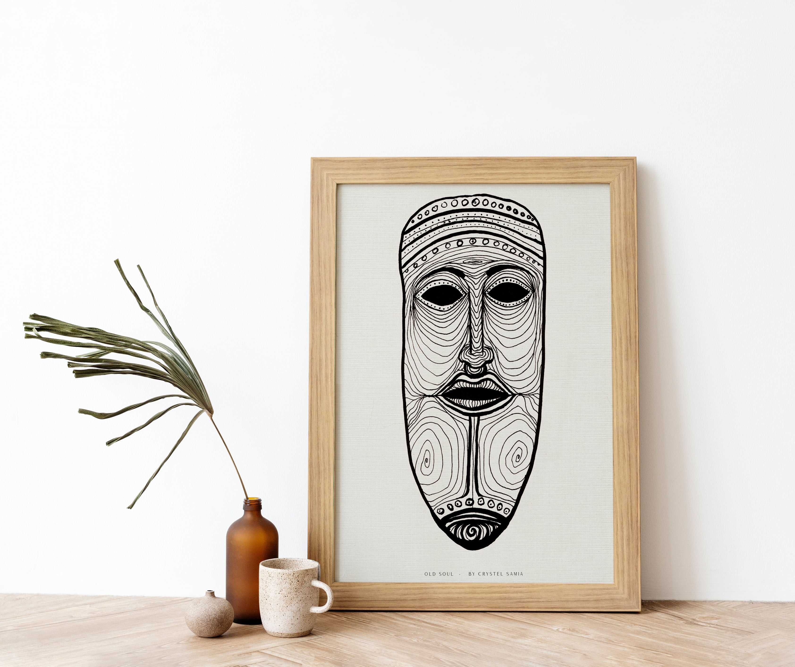 Old Soul - Ink on Paper  Limited Prints from Original Hand-Drawn Canvas Paper Print black and white tribal masp signed by artist