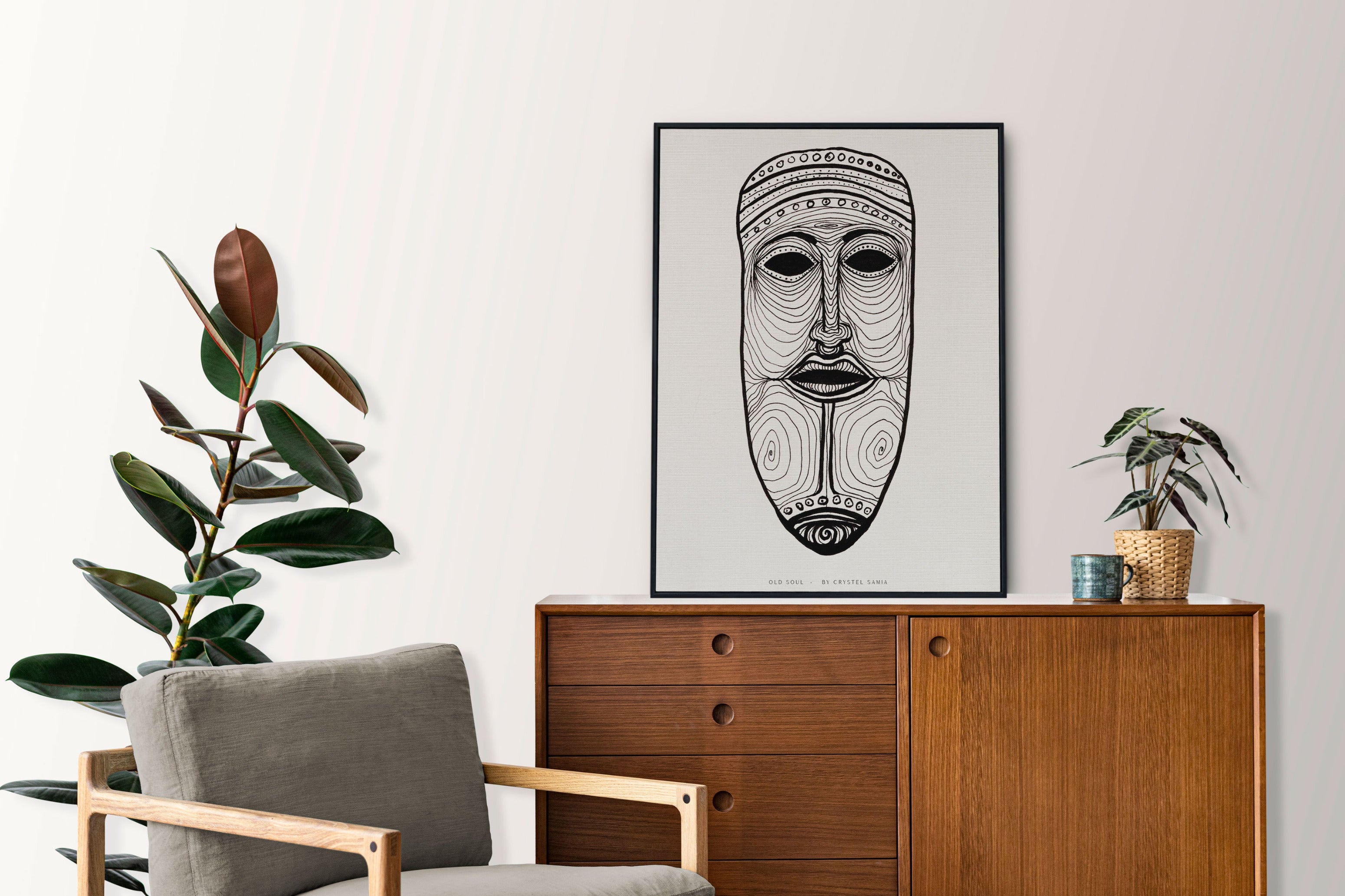 Old Soul - Ink on Paper  Limited Prints from Original Hand-Drawn Canvas Paper Print black and white tribal masp signed by artist