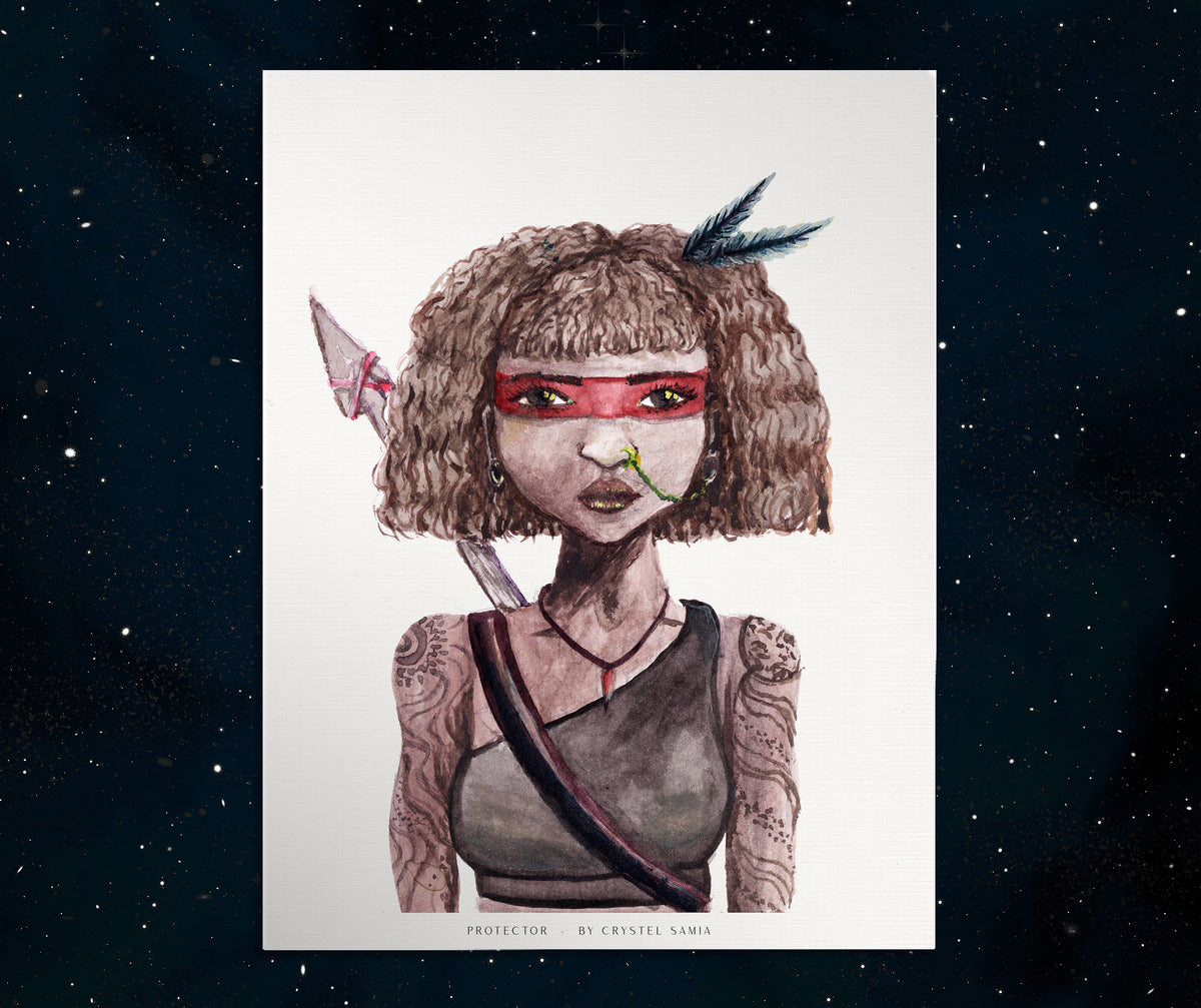 Protector - Watercolor and Ink on Paper Limited Prints from Original Hand-Painted Artwork brown skin curly hair warrior tatooed women character, signed by artist