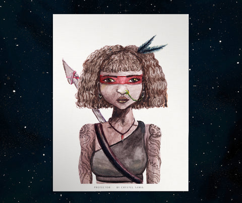 Protector - Watercolor and Ink on Paper Limited Prints from Original Hand-Painted Artwork brown skin curly hair warrior tatooed women character, signed by artist