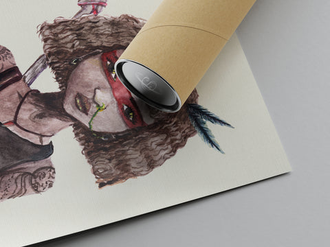 Protector - Watercolor and Ink on Paper Limited Prints from Original Hand-Painted Artwork brown skin curly hair warrior tatooed women character, signed by artist